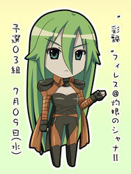  breasts chibi commentary_request female frown gloves green_eyes green_hair long_hair pheles piku shakugan_no_shana small_breasts solo translated 