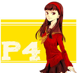  akieru_nomaki amagi_yukiko brown_eyes brown_hair cardigan commentary_request female hairband long_hair persona persona_4 photoshop_(medium) school_uniform serafuku skirt solo yasogami_school_uniform 