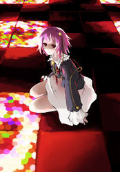  blue_jacket female hairband heart jacket komeiji_satori long_sleeves looking_at_viewer looking_back pink_eyes pink_hair pink_skirt shaded_face sitting skirt solo takanashi_akihito touhou yokozuwari 