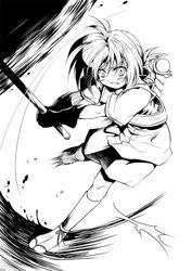  angry blush clenched_teeth female full_body gauntlets greyscale looking_at_viewer monochrome original photoshop_(medium) pose short_hair short_sleeves shuuko solo speed_lines standing standing_on_one_leg stick tabi teeth 