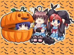  3girls :3 ahoge animal_ears animal_hands artist_request bat_(animal) cat_ears chibi halloween hat jack-o&#039;-lantern multiple_girls pumpkin school_uniform serafuku sharin_no_kuni_himawari_no_shoujo witch_hat 