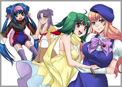  4girls bad_id bad_pixiv_id blue_eyes blue_hair blush dress gloves green_hair headband klan_klein long_hair macross macross_frontier makuro matsuura_nanase multiple_girls pink_hair purple_hair ranka_lee scarf school_uniform sheryl_nome short_hair smile thighhighs 