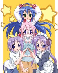  4girls :&gt; ahoge alternate_costume blush casual commentary_request enmaided gym_uniform hiiragi_kagami hiiragi_tsukasa izumi_konata long_hair lucky_star maid mole mole_under_eye multiple_girls peter_(gvb) ryouou_school_uniform school_uniform serafuku standing takara_miyuki triangle_mouth 