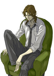  1boy armchair bad_id bad_pixiv_id brown_hair chair feet_on_chair gundam gundam_00 lockon_stratos male_focus necktie pants sakatsuki shirt sitting solo white_shirt 