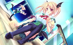  2girls blonde_hair bow doll drink dutch_angle feet highres imageboard_desourced magus_tale multiple_girls nina_geminis non-web_source panties pantyshot pink_panties red_eyes rena_geminis ribbon tenmaso thighhighs tray twintails underwear waitress 