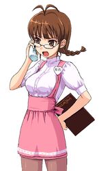  akizuki_ritsuko anna_miller antenna_hair breasts brown_eyes brown_hair character_name cordless_phone female glasses idolmaster idolmaster_(classic) idolmaster_1 oekaki open_mouth pantyhose phone simple_background solo takayaki waitress 