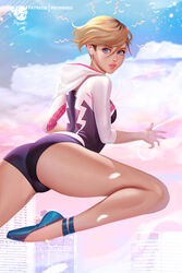  1girls ass bare_legs blonde_hair blue_eyes bodysuit buckteeth calves earbuds eyebrow_piercing female female_only freckles gwen_stacy gwen_stacy_(spider-verse) looking_at_viewer looking_back marvel marvel_comics prywinko short_hair solo spider-gwen spider-man:_into_the_spider-verse spider-man_(series) tooth_gap 