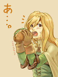  bad_id bad_pixiv_id blonde_hair blush eating female final_fantasy final_fantasy_tactics food gloves milleuda_folles momigara_(mmgrkmnk) open_mouth red_eyes solo surprised sweatdrop translated 