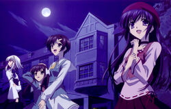  4girls absurdres black_hair bow brown_hair choker green_eyes hat highres imageboard_desourced ishizuki_koyori ishizuki_mana koga_makoto long_hair moon morimiya_aono multiple_girls night non-web_source photoshop_(medium) purple_eyes red_eyes ribbon school_uniform shihou_matsuri short_hair sola white_hair 