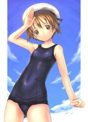  brown_eyes brown_hair commentary_request female hat miyafuji_yoshika one-piece_swimsuit sabamu salute school_swimsuit shiny_clothes short_hair skindentation solo strike_witches swimsuit world_witches_series 