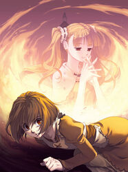  2girls angry arm_support bad_id bad_pixiv_id black_bow blonde_hair blood blood_from_mouth blunt_bangs bob_cut bow breasts bruise burning capelet church collarbone commentary_request cross-laced_clothes crying crying_with_eyes_open dress elysion eyelashes fire flat_chest frills hair_ornament half-closed_eyes injury interlocked_fingers juliet_sleeves light_smile long_hair long_sleeves looking_at_viewer lying mashimaro multiple_girls on_stomach orange_eyes own_hands_together parted_lips projected_inset puffy_sleeves red_eyes ribbon ribbon_trim sacrifice&#039;s_sister_(elysion) sacrifice_(sound_horizon) short_hair siblings sisters small_breasts smile sound_horizon steeple tears twintails w_arms wide-eyed yellow_dress 