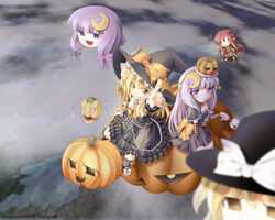  3girls :&lt; alternate_costume blonde_hair commentary_request grin halloween iganseijin index_finger_raised jack-o&#039;-lantern kedama_(touhou) kirisame_marisa koakuma multiple_girls okaasan_to_issho patchouli_knowledge pumpkin smile spoo touhou yukkuri_shiteitte_ne |_| 