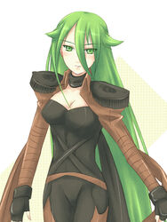  breasts commentary_request female gloves green_hair long_hair medium_breasts pheles piku shakugan_no_shana smile solo 