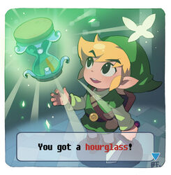  1boy bf._(sogogiching) blonde_hair chibi ciela commentary_request fairy holding holding_sword holding_weapon hourglass left-handed link male_focus photoshop_(medium) pointy_ears shield shield_on_back solo sword the_legend_of_zelda the_legend_of_zelda:_phantom_hourglass toon_link typo weapon 