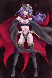  bikini black_bikini black_footwear boots breasts breasts_apart cape colored_skin commentary_request dark_background detached_sleeves expressionless faris_scherwiz female final_fantasy final_fantasy_5 full_body green_eyes groin hair_ornament hands hands_on_own_hips head_tilt large_breasts long_hair long_sleeves navel necromancer_(final_fantasy) pink_skin purple_hair red_cape sirotuka_lambda skull_hair_ornament solo standing stomach strapless strapless_bikini swimsuit thigh_boots thighhighs wide_sleeves 