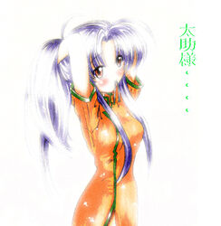  adjusting_hair brown_eyes china_dress chinese_clothes commentary_request dress female hiro_ichi long_hair mamotte_shugogetten! photoshop_(medium) purple_hair shugogetten_shaolin solo 