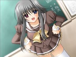  black_hair dutch_angle female game_cg hands_on_own_hips heterochromia imageboard_desourced mayumi_thyme national_verbena_academy_school_uniform nishimata_aoi non-web_source school_uniform short_hair_with_long_locks shuffle! solo thighhighs 