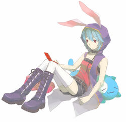  01_0219 animal_ears bad_id bad_pixiv_id belt blue_hair boots bunny_(trickster) cellphone collar female flat_chest hood phone rabbit_ears red_eyes short_hair shorts sitting solo thighhighs trickster_(ntreev_soft) white_thighhighs 