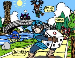  2boys :d angry assisted_exposure bat_wings belt blue_skin blue_sky boots bridge brown_hair carrying cloak cloud colored_skin day demon demon_tail dice dracky dragon dragon_quest dragon_quest_ii female fins flying flying_sweatdrops gloves goggles goggles_on_head grass hanbu_hantarou hargon head_fins healslime helmet holding hood island itadaki_street jaggy_lines leg_warmers lowres monster multiple_boys oekaki open_mouth outdoors oversized_object palm_tree pants prince_of_lorasia prince_of_samantoria princess_of_moonbrook purple_hair river road rock running shadow sky smile spandex speech_bubble spiked_hair squatting staff steam sun tail tentacle tower translation_request tree water wings 