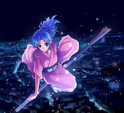  blue_hair botan_(yu_yu_hakusho) broom broom_riding city commentary_request female flying japanese_clothes kasai_shin kimono light_particles long_hair night oar object_riding pink_eyes pink_kimono ponytail purple_eyes sidesaddle smile solo tabi unconventional_broom yu_yu_hakusho 