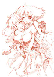  2girls blush bow commentary_request corset dress gloves long_hair macross macross_frontier multiple_girls one_eye_closed ranka_lee sheryl_nome short_hair skirt smile tan_tan_tanuki 