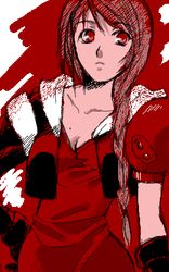  arc_the_lad arc_the_lad_twilight_of_the_spirits braid breasts brown_hair cleavage collarbone dress female gloves haku_boku_ko_shi long_hair lowres mole mole_on_breast paulette_(arc_the_lad) red_eyes red_hair red_theme shoulder_pads solo 