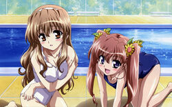  2girls :d absurdres all_fours bench blue_eyes blue_one-piece_swimsuit blush breast_hold breasts breasts_squeezed_together brown_eyes brown_hair chain-link_fence cleavage crossed_arms day detexted fence flower hair_flower hair_ornament hairband highres imageboard_desourced ishikawa_masakazu large_breasts leaning_forward long_hair looking_at_viewer multiple_girls nogizaka_haruka nogizaka_haruka_no_himitsu nogizaka_mika non-web_source oerba_yun_fang one-piece_swimsuit open_mouth outdoors perspective pool poolside school_swimsuit siblings sisters small_breasts smile sparkle sunflower swimsuit third-party_edit tile_floor tiles twintails water wet white_one-piece_swimsuit 