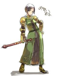  armor bad_id bad_pixiv_id black_hair commentary_request contrapposto female final_fantasy final_fantasy_tactics gauntlets hand_on_own_hip inuinui meliadoul_tengille pauldrons sheath sheathed short_hair shoulder_armor solo standing sword weapon 