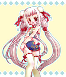  albino bare_shoulders blush bracelet bun_cover china_dress chinese_clothes code_geass covering_privates double_bun dress embarrassed female flat_chest hair_bun jewelry long_hair open_mouth red_eyes ribbon solo sweatdrop thighhighs tianzi twintails very_long_hair watanabe_sumiko white_hair zettai_ryouiki 