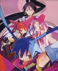  1boy 3girls disgaea etna_(disgaea) flonne flonne_(fallen_angel) highres laharl multiple_girls sakura_(disgaea) scan thighhighs yamamoto_keiji 