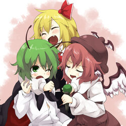  3girls antennae bad_link blonde_hair blush fingernails green_hair hat kiji_(manekinuko-tei) long_fingernails multiple_girls mystia_lorelei oerba_yun_fang rumia sharp_fingernails short_hair tears touhou wings wriggle_nightbug 