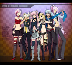  3boys 3girls asymmetrical_clothes asymmetrical_legwear belt brother_and_sister chains checkered choker cigarette commentary_request crop_top detached_sleeves everyone eyebrow_piercing fingerless_gloves gloves hagane_miku hagane_vocaloid hatsune_miku isamine_kaito kagamine_len kagamine_rin kagura_gakupo kaito_(vocaloid) kamui_gakupo letterboxed lineup long_hair magane_len magane_rin meiko_(vocaloid) midriff mismatched_legwear momopanda multicolored_hair multiple_boys multiple_girls navel navel_piercing necktie piercing sakerune_meiko short_hair siblings single_thighhigh smoking streaked_hair striped_clothes striped_thighhighs tattoo thigh_strap thighhighs torn_clothes twins twintails two-tone_hair vocaloid 