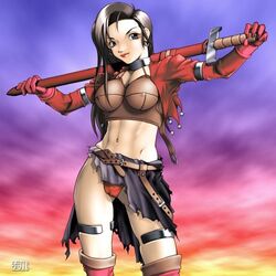  aira_(dq7) brown_eyes brown_hair choker crop_top dragon_quest dragon_quest_vii female gloves midriff navel qkat_(arikawa-dou) red_gloves solo sword weapon 