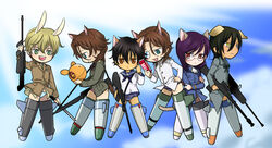  6+boys allelujah_haptism animal_ears bad_id bad_pixiv_id cat_ears cat_girl cat_tail charlotte_e._yeager charlotte_e._yeager_(cosplay) chibi cloud cosplay crossdressing dog_ears dog_girl dog_tail eila_ilmatar_juutilainen eila_ilmatar_juutilainen_(cosplay) extra_ears eyepatch flying fox_ears fox_girl gertrud_barkhorn gertrud_barkhorn_(cosplay) glasses graham_aker gun gundam gundam_00 haro kodamu lockon_stratos machine_gun miyafuji_yoshika miyafuji_yoshika_(cosplay) multiple_boys panties panties_under_pantyhose pantyhose parody perrine_h._clostermann perrine_h._clostermann_(cosplay) print_eyepatch rabbit_ears rabbit_girl rifle sakamoto_mio sakamoto_mio_(cosplay) setsuna_f._seiei sky strike_witches striker_unit swimsuit swimsuit_under_clothes tail tieria_erde underwear weapon world_witches_series 