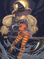  animal_ears blonde_hair ears_through_headwear female full_moon hat kichin_yarou long_hair moon orange_eyes orange_thighhighs original scythe solo striped_clothes striped_thighhighs thighhighs twintails witch_hat 