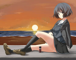  amagami beach black_eyes black_hair black_skirt can drink female kibito_high_school_uniform kneehighs long_sleeves nanasaki_ai ocean painttool_sai_(medium) panties pantyshot pleated_skirt school_uniform serafuku shijou_sadafumi skirt socks solo sunset sweater underwear 