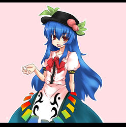  blue_hair commentary_request female food fruit hat hiiragi_mitsuna hinanawi_tenshi long_hair peach ribbon solo touhou 