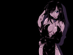  amei_sumeru black_hair breasts center_opening cleavage dark female highres large_breasts one_eye_closed original pelvic_curtain photoshop_(medium) purple_eyes solo 