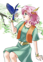  arm_support bad_id bad_pixiv_id bird bird_on_hand bracelet earrings feathers female final_fantasy final_fantasy_5 green_eyes green_skirt headband jewelry lenna_charlotte_tycoon open_mouth parted_lips pink_hair ranger_(final_fantasy) short_hair sirotuka_lambda sitting skirt smile solo vest 