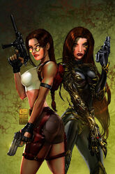  2girls abstract_background archaeologist artifact ass backpack bag big_breasts black_bodysuit bodysuit booty_shorts braided_hair braided_ponytail breasts brown_eyes brown_hair busty comic_cover crossover curvaceous curvy erect_nipples eyeshadow eyewear female female_only firearm glasses grey_shorts gun handgun hazel_eyes holding_gun holding_pistol holding_weapon human image_comics joe_weems lara_croft lara_croft_(classic) large_breasts living_armor long_hair looking_over_eyewear looking_over_glasses looking_over_sunglasses machine_gun makeup mascara metal_arm metal_armor metal_claws michael_turner midriff mystic-oracle nipple_bulge nipples orange-tinted_eyewear pinup pistol ponytail pouch red_lips red_lipstick revolver sara_pezzini short_shorts source_request stomach sunglasses thick_thighs thighs tinted_eyewear tomb_raider top_cow voluptuous weapon white_shirt white_top white_topwear witchblade yellow-tinted_eyewear 