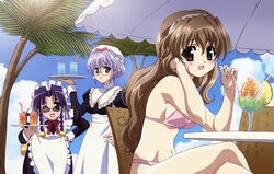  3girls absurdres apron bent_over bikini black_eyes blush brown_eyes brown_hair chair cloud crossed_legs day detexted drink food fruit glasses grey_eyes hairband hand_on_own_hip hat highres imageboard_desourced kosuge_kazuhisa long_hair maid multiple_girls nanashiro_nanami navel nogizaka_haruka nogizaka_haruka_no_himitsu non-web_source one_eye_closed orange_(fruit) orange_slice outdoors palm_tree parasol pink_bikini purple_hair sakurazaka_hazuki sitting sky sunglasses swimsuit table third-party_edit tray tree umbrella wavy_hair 