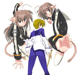  1boy 2girls aged_down animal_ears ass blonde_hair brown_hair gil_graham liesearia_(nanoha) lieselotte_(nanoha) long_sleeves looking_at_viewer lyrical_nanoha mahou_shoujo_lyrical_nanoha multiple_girls photoshop_(medium) siblings simple_background sisters skin_tight twins uniform white_background white_legwear 