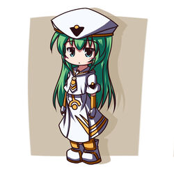  alice_carroll aqua_eyes aria_(manga) beret blouse boots chibi commentary_request dress female fictional_sister full_body gloves green_eyes green_hair hat long_dress long_hair looking_at_viewer orange_planet_uniform sailor_collar shirt short_sleeves solo standing tabard uniform white_dress white_shirt 