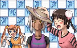  3girls artist_request bun_cover chao_lingshen dark-skinned_female dark_skin double_bun hair_bun hat kagurazaka_asuna mahou_sensei_negima! multiple_girls zazie_rainyday 