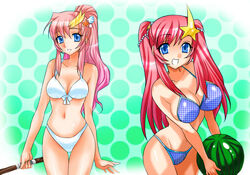  2girls bad_id bad_pixiv_id bikini blue_eyes commentary_request food fruit gundam gundam_seed gundam_seed_destiny hair_ornament hairclip holding holding_food holding_fruit holding_watermelon lacus_clyne long_hair meer_campbell multiple_girls pink_hair ponytail star_(symbol) star_hair_ornament suikawari swimsuit tooru_jin twintails watermelon 