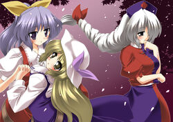  3girls blonde_hair blue_hair commentary_request gonzaburo grey_hair hat long_hair multiple_girls ribbon touhou watatsuki_no_toyohime watatsuki_no_yorihime yagokoro_eirin 