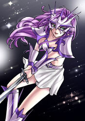  armor bad_id bad_pixiv_id faris_scherwiz female final_fantasy final_fantasy_5 gladiator green_eyes long_hair lowres mask open_mouth purple_hair shoulder_armor sirotuka_lambda skirt smile solo sparkle sword weapon 