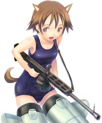  animal_ears brown_eyes brown_hair dog_ears dog_girl dog_tail drum_magazine female gun heavy_machine_gun machine_gun magazine_(weapon) miyafuji_yoshika one-piece_swimsuit sabamu school_swimsuit short_hair solo strike_witches striker_unit swimsuit tail type_99_cannon weapon world_witches_series 