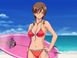  beach bikini bikini_tan braid breasts brown_hair day female game_cg happoubi_jin holding holding_behind_back holding_surfboard imageboard_desourced kuouzumiaiginsusutakeizumonokamimeichoujin_mika medium_breasts non-web_source red_bikini resort_boin short_hair solo surfboard swimsuit tan tanlines twin_braids 