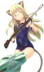  animal_ears blonde_hair cat_ears cat_girl cat_tail female glasses gun long_hair one-piece_swimsuit perrine_h._clostermann sabamu school_swimsuit shiny_clothes skindentation solo strike_witches striker_unit swimsuit tail weapon world_witches_series yellow_eyes 